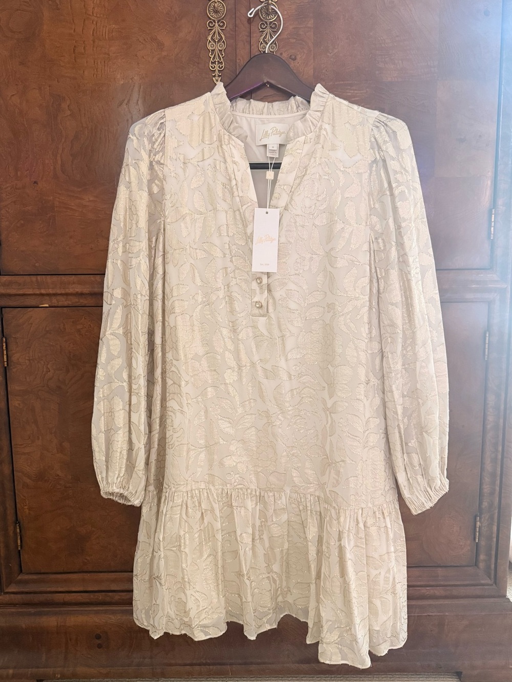 Lilly Pulitzer Gold Silk Blend Floral Long Sleeve Dress